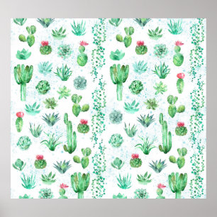 Succulent Garden: Watercolor Seamless Background. Poster