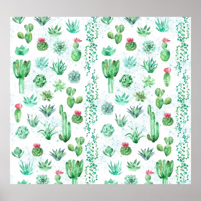 Succulent Garden: Watercolor Seamless Background. Poster (Front)
