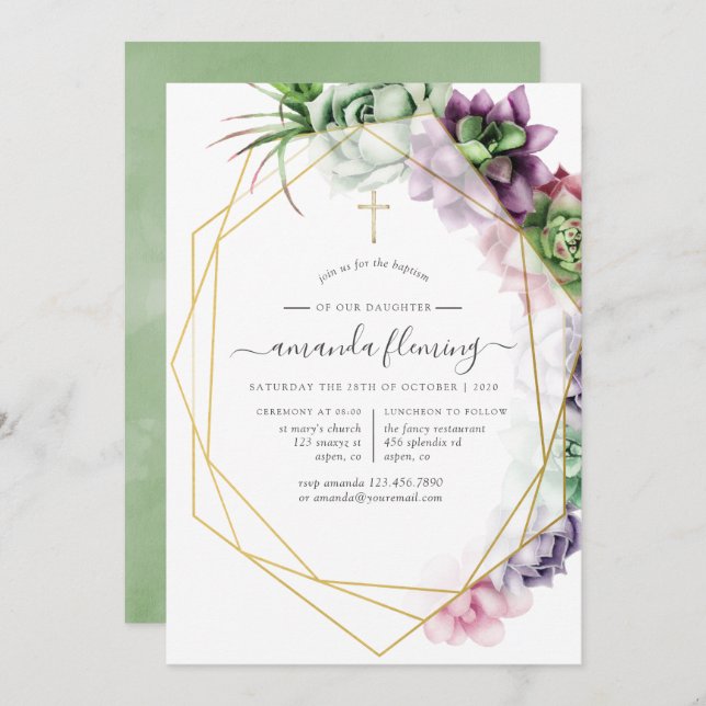 Succulent Geometric Baptism or Christening Invitation (Front/Back)