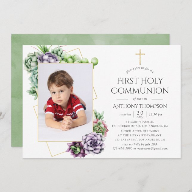 Succulent Geometric First Holy Communion Invitation (Front/Back)