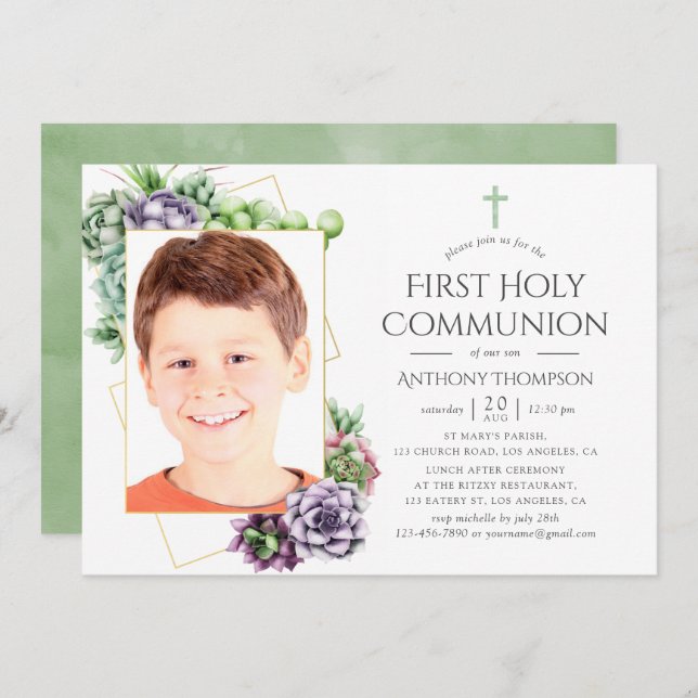 Succulent Geometric Photo First Holy Communion Invitation (Front/Back)