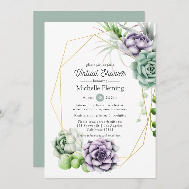Succulent Geometric Virtual Baby or Bridal Shower Invitation (Front/Back)