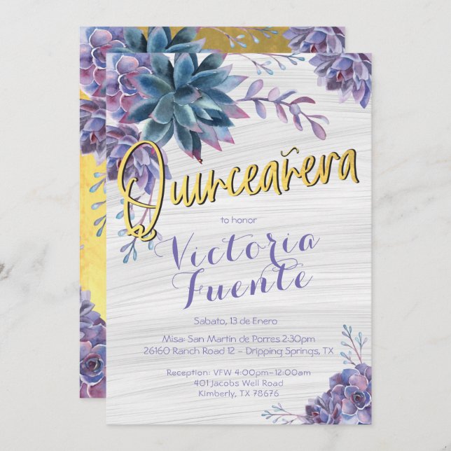Succulent Gold Foil Watercolor Quinceañera Invitation (Front/Back)