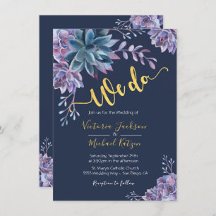 Succulent Gold Navy Watercolor Wedding invitations