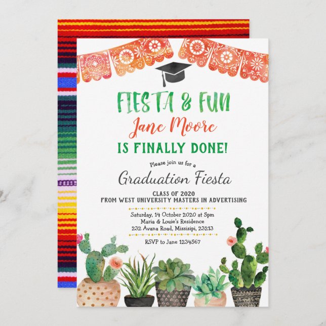 Succulent Graduation Fiesta Party Invitation (Front/Back)