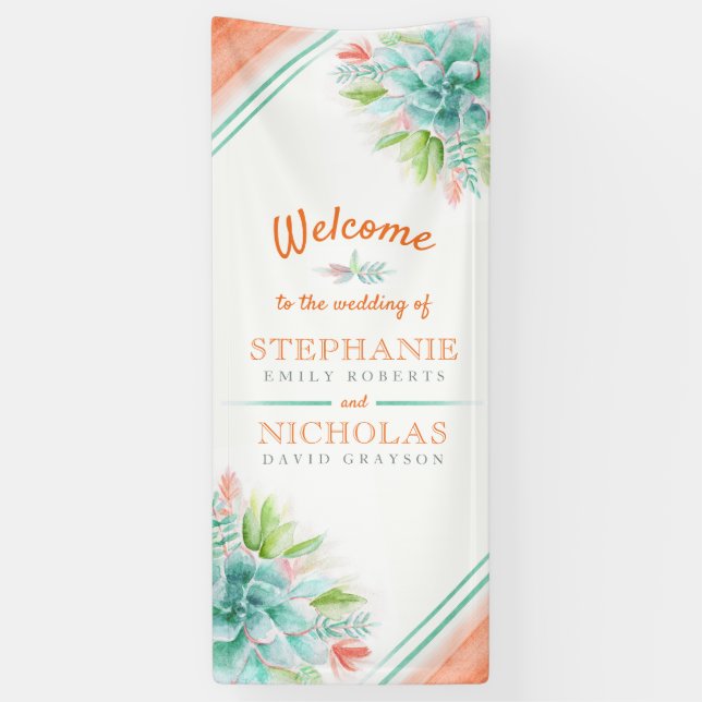 Succulent green orange wedding art welcome banner (Vertical)