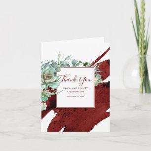 Succulent Greenery Burgundy Red Modern Thank You Card