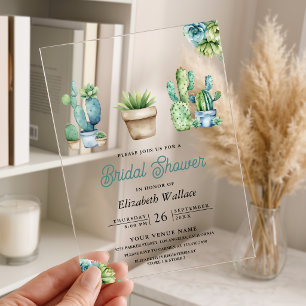 Succulent Greenery Cactus Pots Bridal Shower Acrylic Invitations