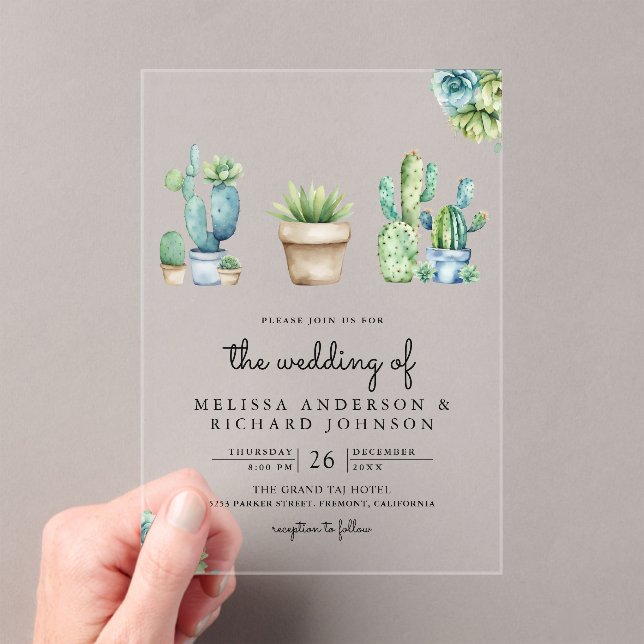 Succulent Greenery Cactus Pots Wedding Acrylic Invitations (Insitu (Handheld))