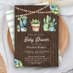 Succulent Greenery Cactus Pots Wood Baby Shower Invitation