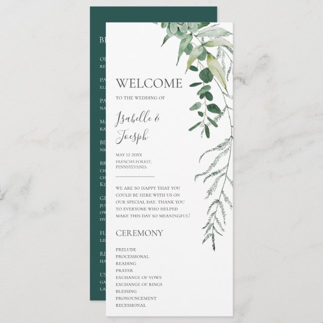 Succulent Greenery Dark Green Flat Wedding Program (Front/Back)