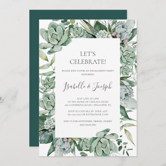 Succulent Greenery | Dark Green Let's Celebrate In Invitation (Front/Back)