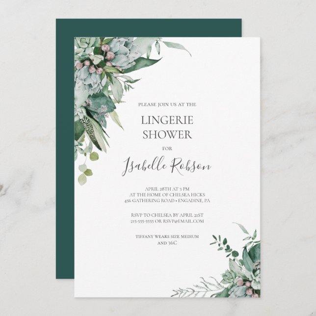 Succulent Greenery | Dark Green Lingerie Shower Invitation (Front/Back)