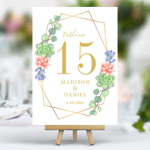 Succulent Greenery Gold Geometric Wedding Table Number
