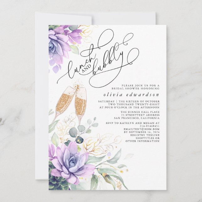 Succulent Greenery Lunch and Bubbly Bridal Shower Invitation (Front)