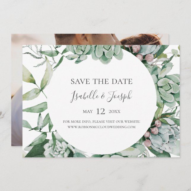 Succulent Greenery Photo Horizontal Save the Date (Front/Back)