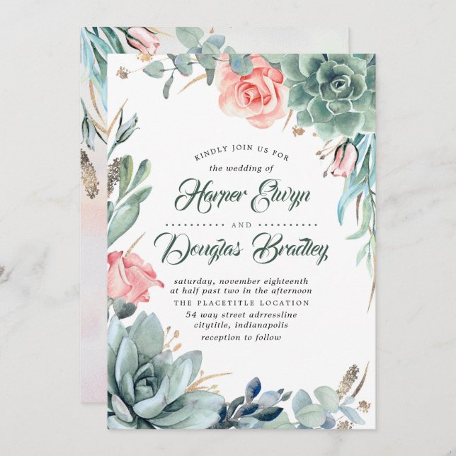 Succulent Greenery Pink Floral Modern Wedding Invitation (Front/Back)
