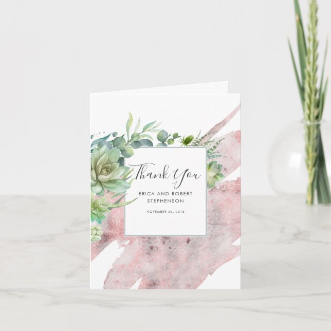 Succulent Greenery Rose Gold Modern Thank You Card (Front)