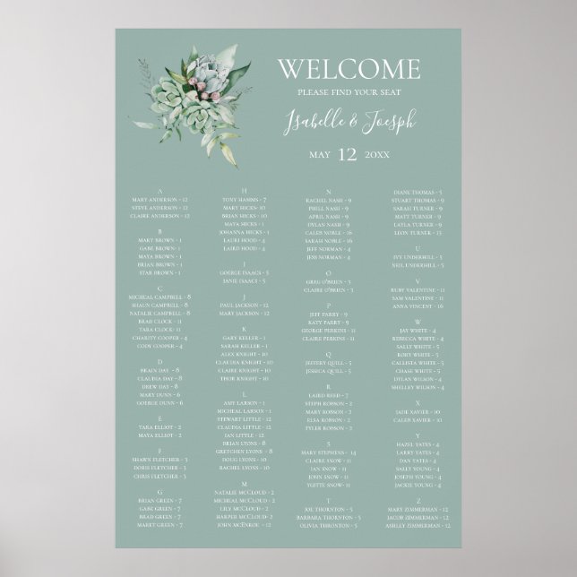 Succulent Greenery Sage Alphabetical Seating Chart (Front)