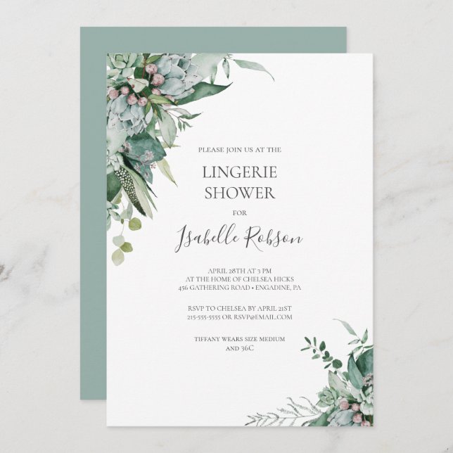 Succulent Greenery | Sage Green Lingerie Shower Invitation (Front/Back)