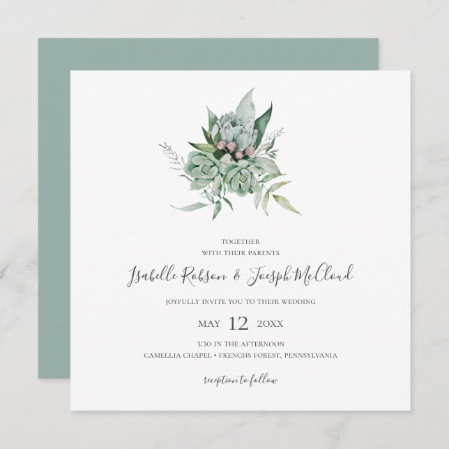 Succulent Greenery | Sage Green Square Wedding Invitation (Front/Back)