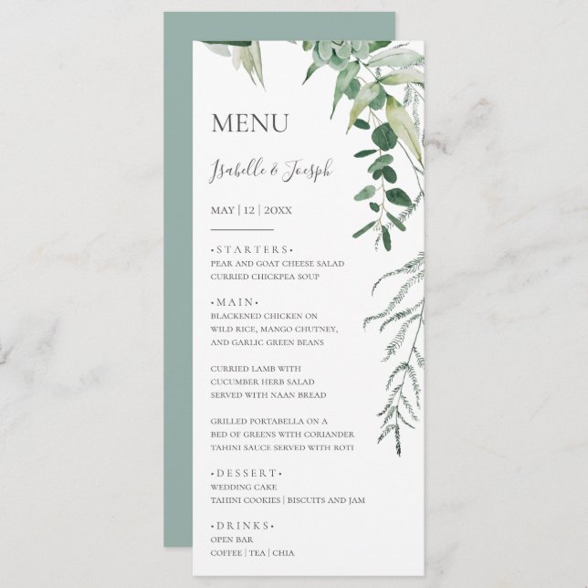 Succulent Greenery Sage Green Wedding Dinner Menu (Front/Back)