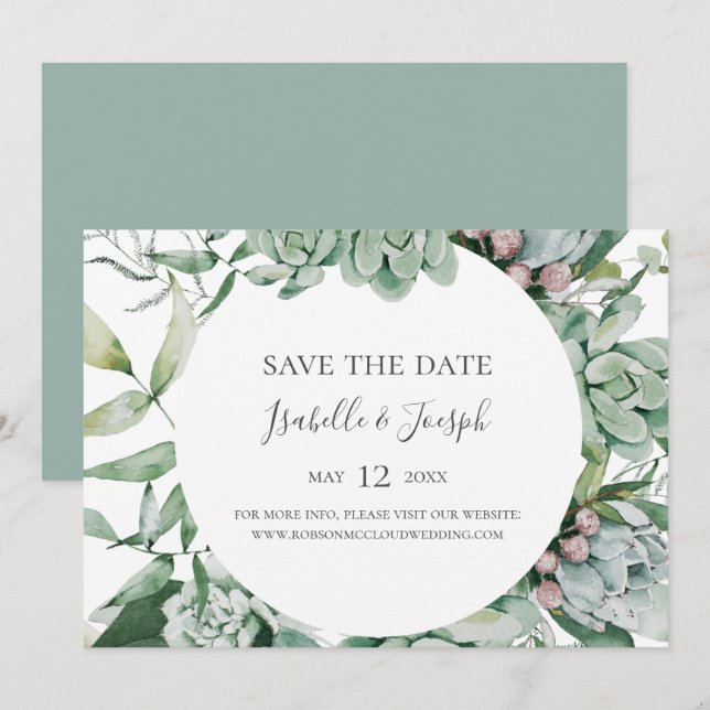 Succulent Greenery | Sage Horizontal Save the Date (Front/Back)