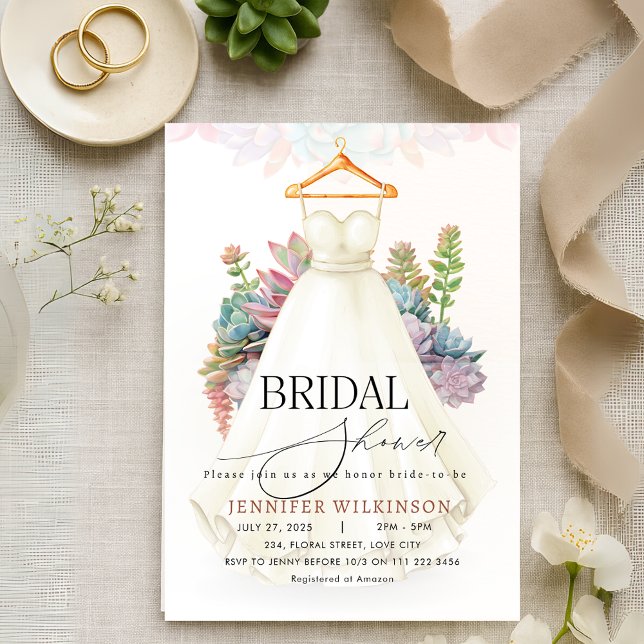 Succulent Greenery Sage Wedding Gown Bridal Shower Invitation (Succulent Greenery Sage Wedding Gown Bridal Shower Invitation)
