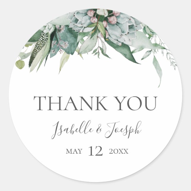 Succulent Greenery Thank You Wedding Favour Sticke Classic Round Sticker (Front)
