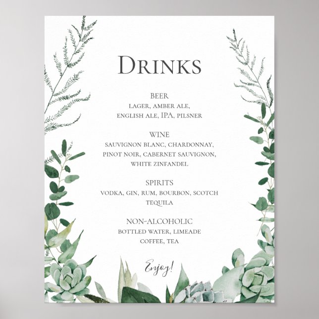 Succulent Greenery | Wedding Drinks Menu Sign (Front)