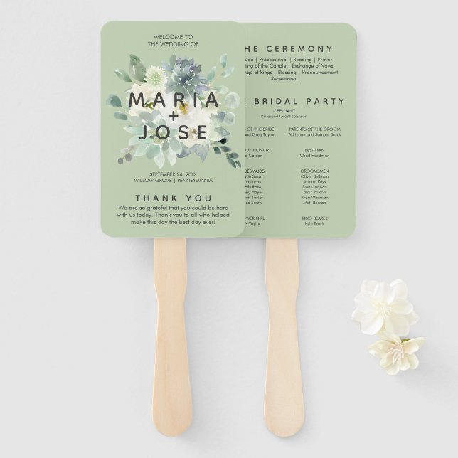 Succulent Greenery Wedding Program Hand Fan (Front and Back)