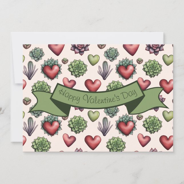 Succulent Heart Watercolor Valentines Day Pattern Holiday Card (Front)