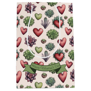 Succulent Heart Watercolor Valentines Day Pattern Medium Gift Bag