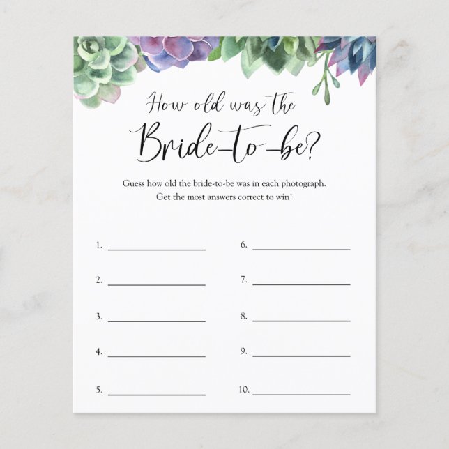 Succulent How Old Was The Bride Game (Front)