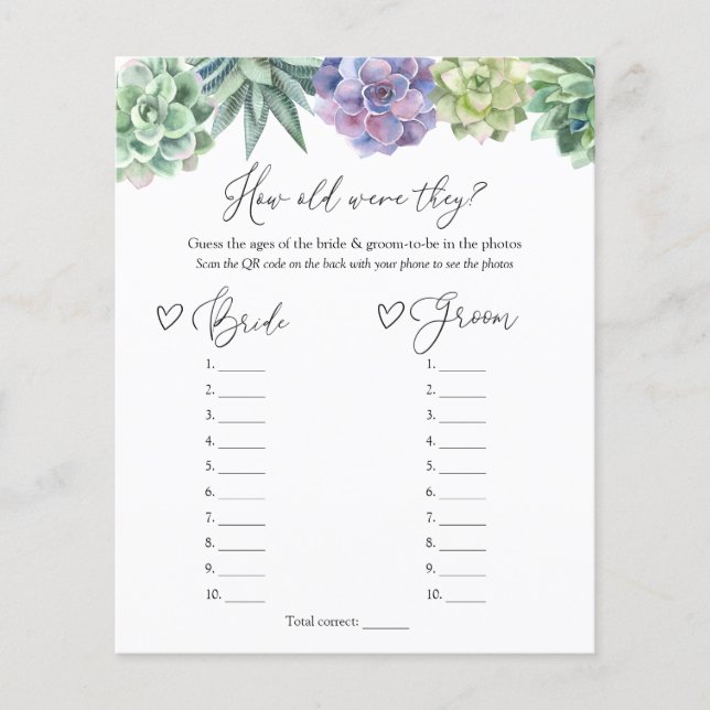 Succulent How Old Were They Bride and Groom Game (Front)