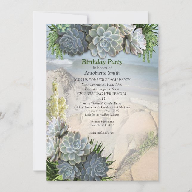 Succulent Hues of Pale Blues Birthday Invitation (Front)