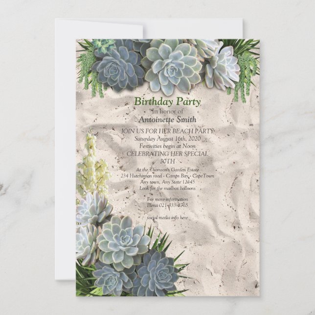 Succulent Hues of Pale Blues Birthday Invitation (Front)