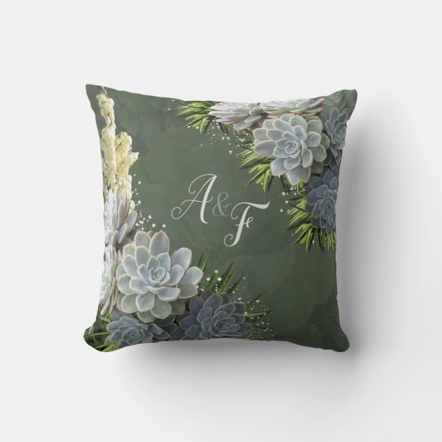 Succulent Hues of Pale Blues& Green Wedding Gift Cushion (Front)