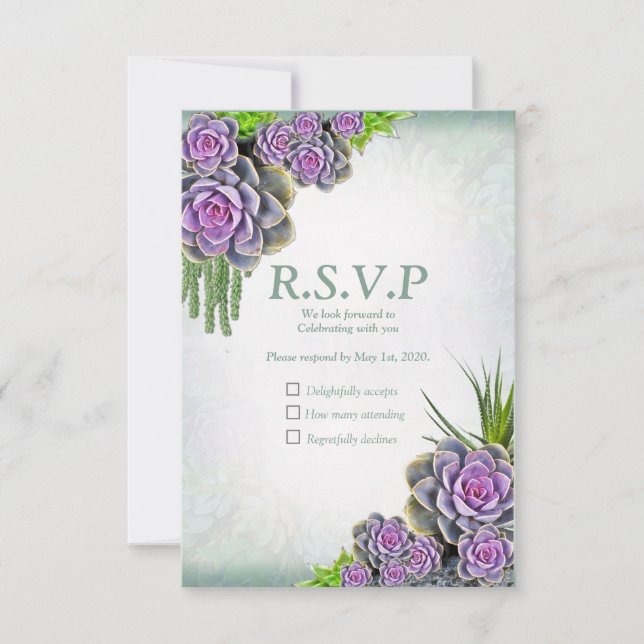 Succulent Hues of Sea Green, Violet RSVP Card (Front)