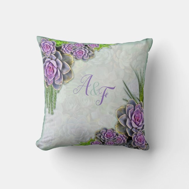 Succulent Hues of Sea Green, Violet Wedding Gift Cushion (Front)