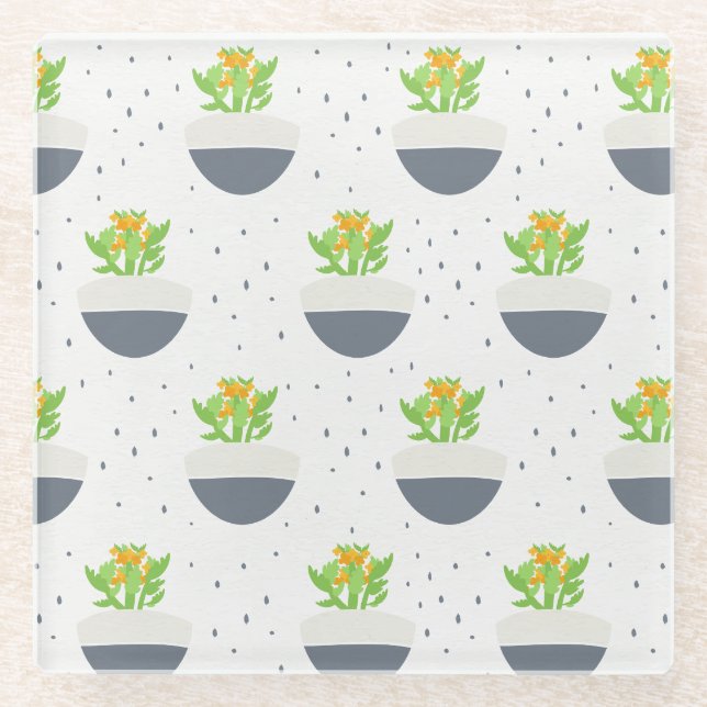 Succulent Kalanchoe Plant Mum Pattern Glass Coaster (Front)