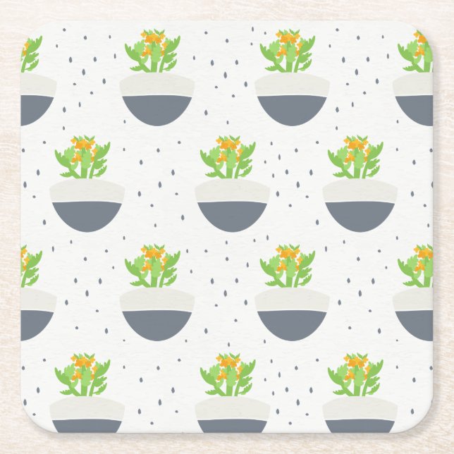 Succulent Kalanchoe Plant Mum Pattern Square Paper Coaster (Front)