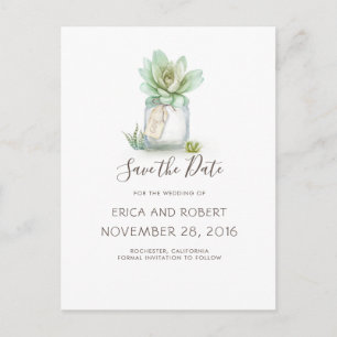 Succulent Mason Jar Rustic Save the Date Announcement Postcard