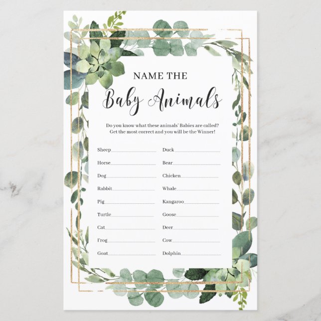 Succulent name the baby animals baby shower game (Front)
