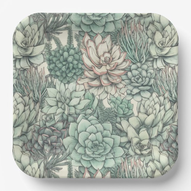 Succulent Paper Plates, Desert Cactus Plants Plate (Front)
