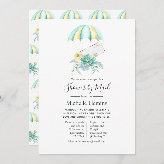 Succulent Parachute Bridal or Baby Shower by Mail Invitation (Front/Back)