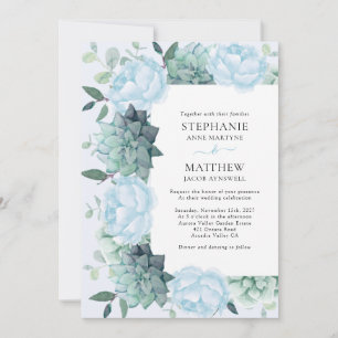 Succulent Peony Eucalyptus Dusty Blue Wedding Invitation