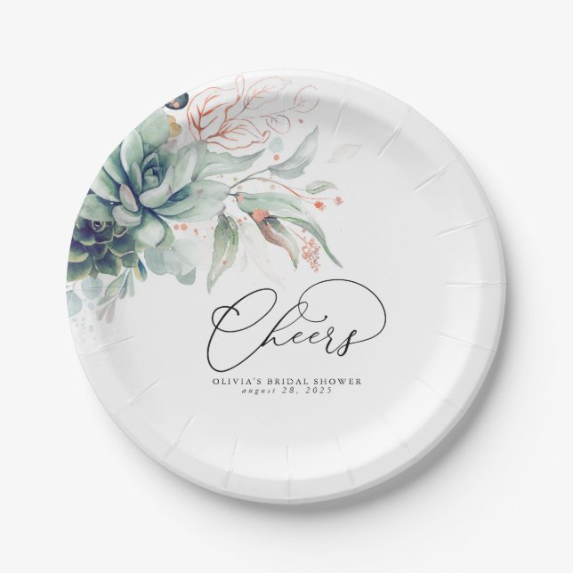 Succulent Pink Gold Greenery Elegant Modern Cheers Paper Plate (Front)