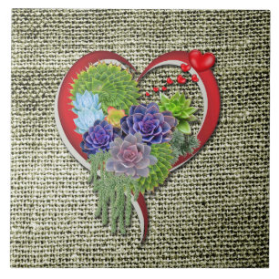 Succulent Plant Decor Within a Heart Ceramic Tile