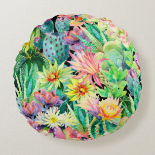 Succulent plants and cactus garden pattern round cushion